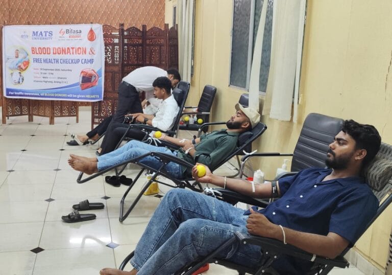 MATS University Organizes Blood Donation and Health Checkup Camp in Collaboration with Bilasa Blood Centre.