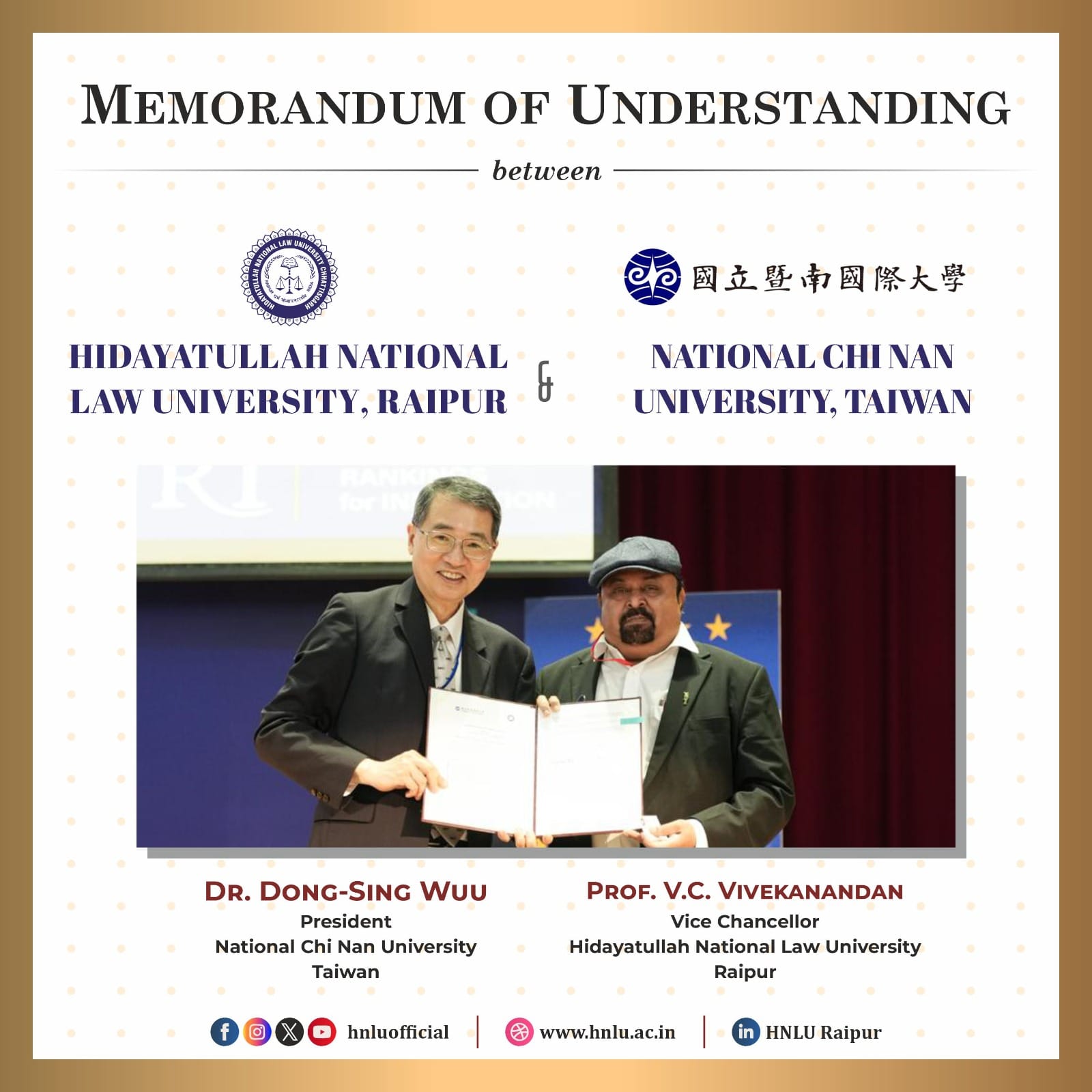 HNLU signs MoU with National Chi Nan University, Taiwan