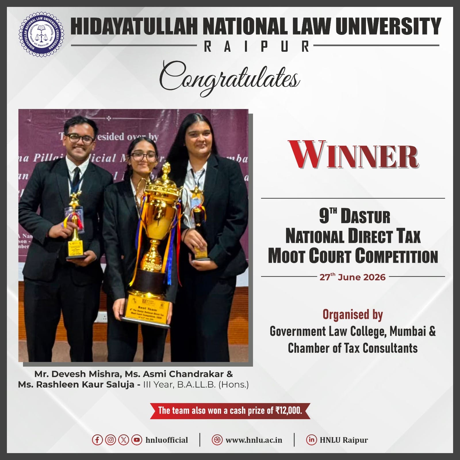 HNLU wins 9th Dastur National Direct Tax Moot Court Competition, students bag top honours in individual categories as well