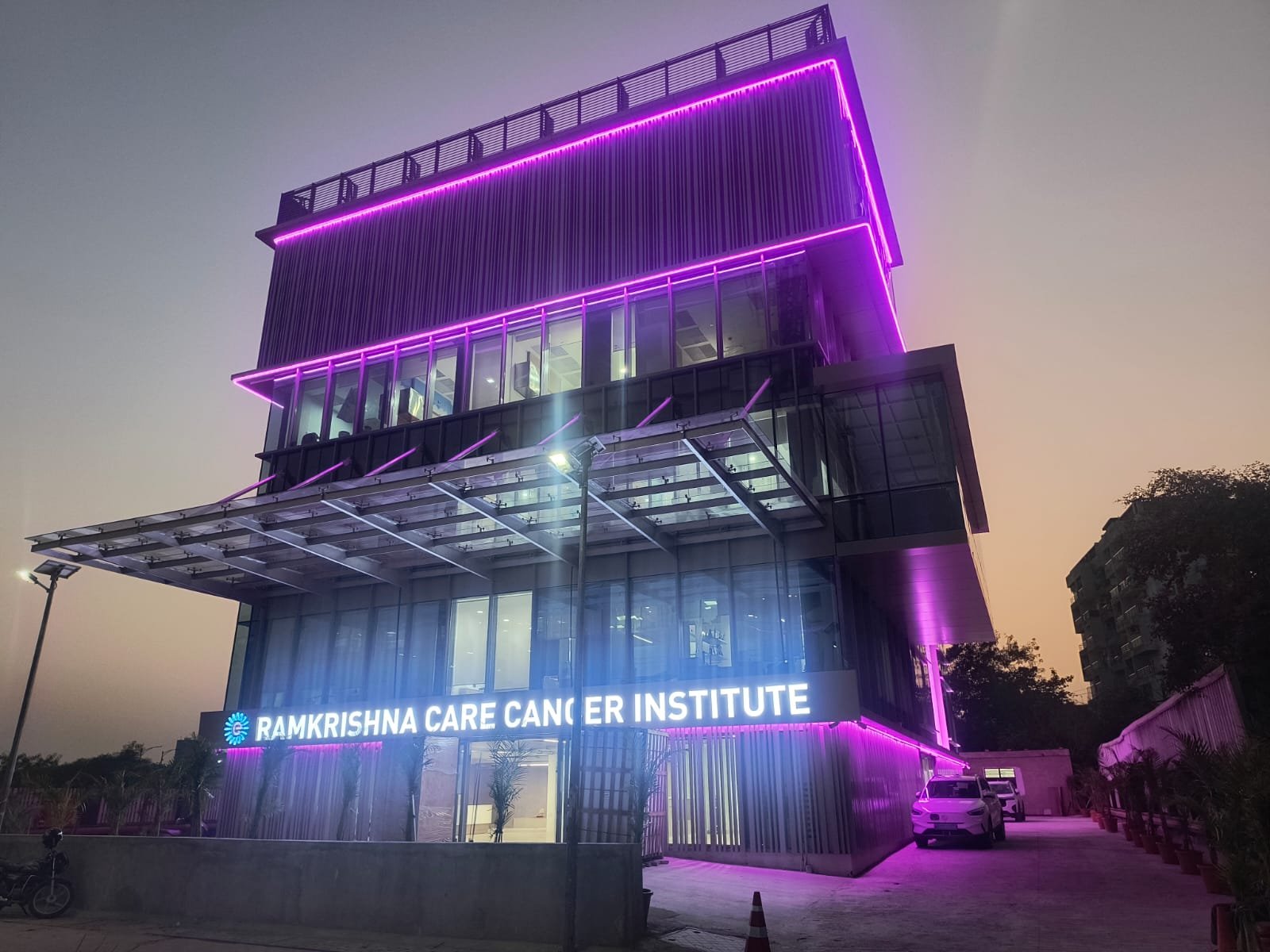 Ramakrishna Care Cancer Institute illuminated with pink lights to mark Breast Cancer Awareness Month